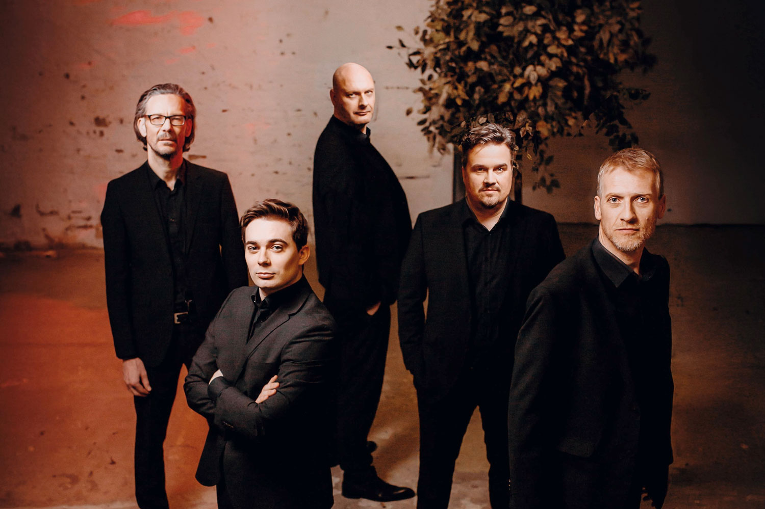 Fünf ganz in schwarz gekleidet Herren stehen in einem farbig ausgelechteten Raum